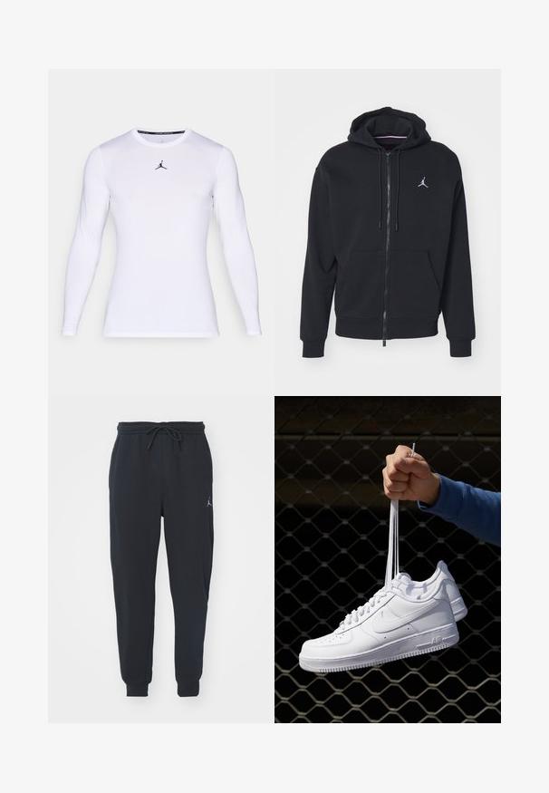 Schwarze Zip-Hoodie aus weichem Stoff, mit einer Kängurutasche, gerippten Bündchen und einem weißen gestickten Logo auf der Brust.; Weißes, langärmeliges, tailliertes Sportshirt mit Rundhalsausschnitt und kleinem schwarzen Jumpman-Logo, zentral auf der Brust.; Schwarze Jogginghosen aus weichem Stoff, mit einem elastischen Taillenbund und Kordelzug, gerippten Bündchen und einem kleinen Logo am linken Oberschenkel.; Weiße Leder-Sneaker mit Perforationen, runder Zehenpartie, flacher Sohle und dicken Schnürsenkeln, mit sichtbar eingesticktem Swoosh-Logo und "AIR" an der Ferse.