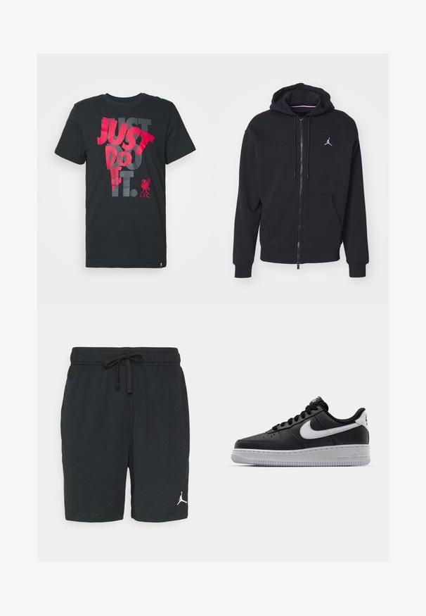 Czarna hoodie na zamek wykonana z miękkiego materiału, z kieszenią kangurką, prążkowanymi mankietami i białym wyhaftowanym logo na piersi.; Czarna bawełniana koszulka z wyraźnym czerwonym i szarym napisem: "POPROSTU ZRÓB TO." Logo L.F.C. w prawym dolnym rogu. Krótkie rękawy i klasyczny okrągły dekolt.; Czarne spodenki sportowe z perforowanej tkaniny, z elastycznym paskiem w talii i sznurkiem. Posiadają białe logo po lewej stronie dolnej.; Czarne skórzane trampki o teksturowanej powierzchni, białe logo Nike, szara podeszwa, okrągły czubek i sznurowany design. Posiada perforacje na nosku.