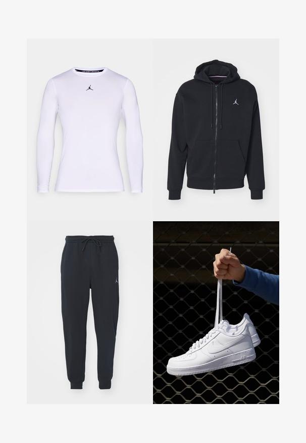 Hoodie noir à zip fabriqué en tissu doux, avec une poche kangourou, des poignets côtelés et un logo brodé blanc sur la poitrine.; T-shirt de sport blanc à manches longues, ajusté, avec un col rond et un petit logo Jumpman noir centré sur la poitrine.; Pantalons de jogging noirs en tissu doux, dotés d'une taille élastique avec un cordon de serrage, de poignets côtelés et d'un petit logo sur la cuisse gauche.; Baskets en cuir blanc avec perforations, à bout rond, semelle plate et lacets épais, arborant un logo swoosh visible et "AIR" sur le talon.