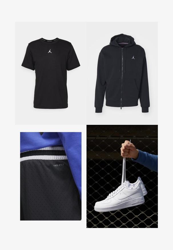 Black zip-up hoodie made from soft fabric, featuring a kangaroo pocket, ribbed cuffs, and a white embroidered logo on the chest.; Black cotton t-shirt with short sleeves, round neck, featuring a white Jumpman logo at center chest and a smooth, lightweight texture.; Jordan DIAMOND SHORT - Sports shorts - black/white/white/(white); White leather sneakers with perforations, round toe, flat sole, and thick laces, featuring a visible swoosh logo and "AIR" on the heel.