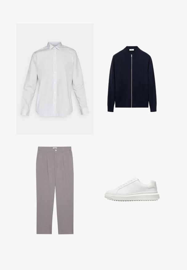 Granatowy sweter kardigan dzianinowy z okrągłym kołnierzem i pełnym zamkiem błyskawicznym. Ściągacze przy mankietach i u dołu. Miękka tekstura, bez widocznych wzorów lub zdobień.; Jack & Jones JJJOE niebieski; Szare spodnie o prostym kroju, z dwiema przednimi kieszeniami, plisami i zapięciem na guzik. Wykonane z lekkiej tkaniny.; Białe sneakersy z gładką syntetyczną cholewką, okrągłym noskiem, płaskimi sznurowadłami, teksturowana podeszwa oraz warstwowym, platformowym designem dla dodatkowej wysokości.