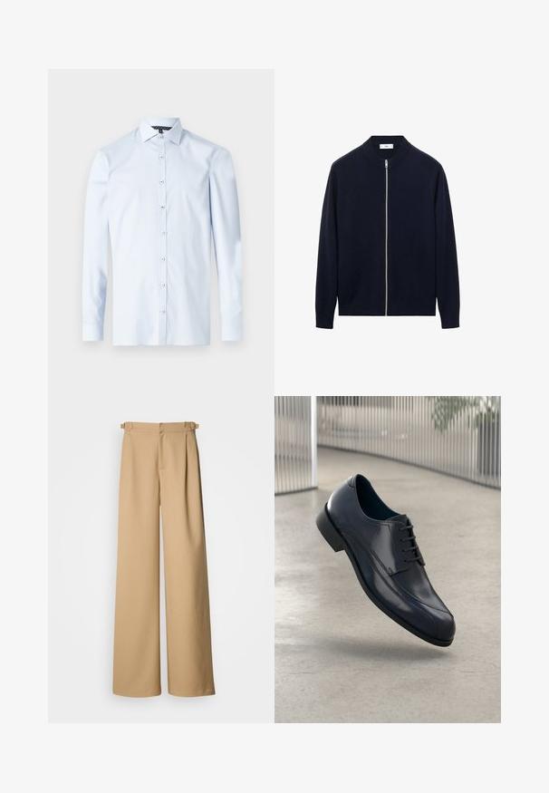 Marineblauer Strickcardigan mit rundem Kragen und durchgehendem Reißverschluss. Gerippte Bündchen und Saum. Weiche Textur, keine sichtbaren Muster oder Akzente.; Helles blaues Langarmhemd aus Baumwolle mit Knopfverschluss, spitzem Kragen und kontrastierendem, gemustertem Innenhalsdetail.; Beige weite Hosen mit hoher Taille, gefälteltem Vorderteil und Gürtelschlaufen. Hergestellt aus glattem Stoff mit einem klaren, minimalistischen Design.; Glänzender schwarzer Leder-Dressschuh mit Schnürsenkeln, schwebend über einem glatten, hellgrauen Boden und vertikalen Metallstäben im Hintergrund.
