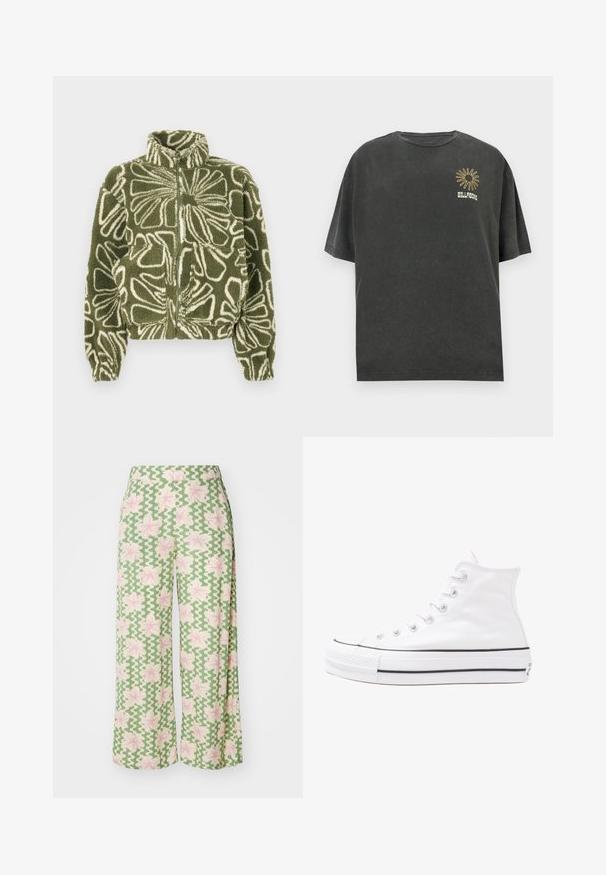 Fleece jacket in green with a white floral pattern, featuring a high collar, zip front, and elastic cuffs. Two front pockets included.; Dark gray cotton t-shirt, oversized fit, short sleeves, round neckline, features a sun graphic and “BILLABONG” text in golden embroidery.; Wide-leg pants in a green fabric featuring a wavy pattern and pink flowers. The waistband is flat, enhancing the casual design.; White high-top canvas sneaker with black rubber sole, front rubber toe cap, and six eyelets for laces, featuring a clean, minimalist design.