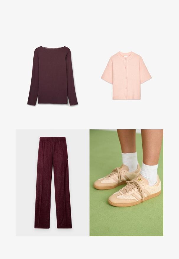 Korte mouwen, knoopsluiting cardigan in zacht, geribbeld, lichtroze materiaal. Heeft een ronde halslijn en vijf bijpassende knopen aan de voorkant.; Langarm, ronde hals top in diep bordeauxrood, gemaakt van een zachte stof met een gladde textuur en minimale stikseldetails.; Bordeaux sportieve broek gemaakt van gestructureerde stof, met een elastische tailleband en zijnaad voor een recht model.; Voeten in beige geweven Adidas sneakers met gumzolen en witte enkelsokken op een groene gestructureerde vloer.