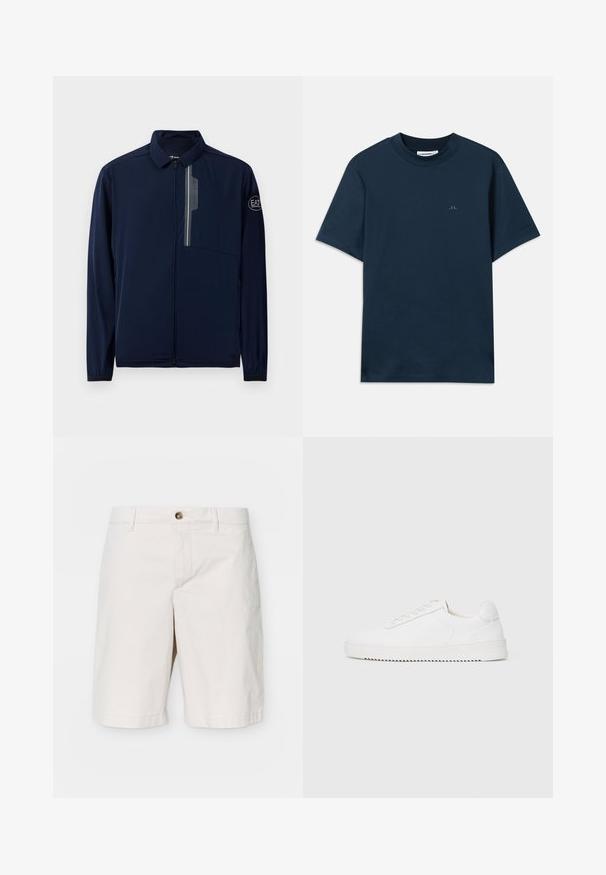 Marineblå jakke med krage, frontlynlås, brystlomme og logo-detalj på ermet. Laget av lett, glatt stoff.; Mørkeblå bomull t-skjorte med rund hals, korte ermer og en subtil logo trykket på brystet. Jevn tekstur og klassisk passform.; J.LINDEBERG SHANE CLOUD - Shorts - moonbeam; Hvit sneaker med en glatt skinnoverdel, avrundet tå, snøring, teksturerte sideakenter og en tykkgummisåle. Minimalistisk design.