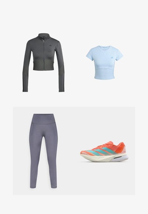 Šedá sportovní zipová bunda s dlouhými rukávy, s žebrovanou texturou na pase a rukávech, a logem na levé straně hrudi.; Světle modré sportovní tričko s krátkými rukávy a zkráceným střihem, žebrovanou spodní částí a jemným logem na hrudi. Hladká textura, přiléhavý design.; Legíny s vysokým pasem z hladké pružné látky v měkké šedé barvě, s plochými švy a bez viditelné kovové výbavy, s boční kapsou.; Běžecká obuv s prodyšným síťovaným svrškem v korálové a akvamarínové barvě, se třemi pruhy, polstrovanou podrážkou a štíhlým designem.