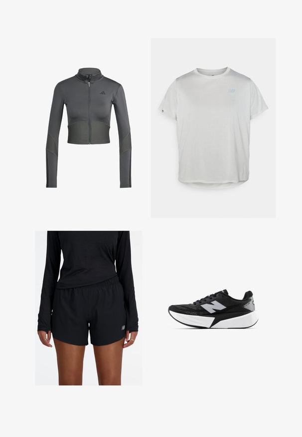 Grey athletic zip-up jacket with long sleeves, featuring ribbed texture on the waist and sleeves, and a logo on the left side of the chest.; Light gray, short-sleeve athletic t-shirt with a textured mesh fabric and a subtle blue logo on the front. Rounded hem at the bottom.; Black athletic shorts with an elastic waistband and reflective logo. The fabric appears lightweight and smooth, with a relaxed fit.; Black and white New Balance running shoe with thick sole, mesh upper, and "N" logo on the side, viewed from the outer side.