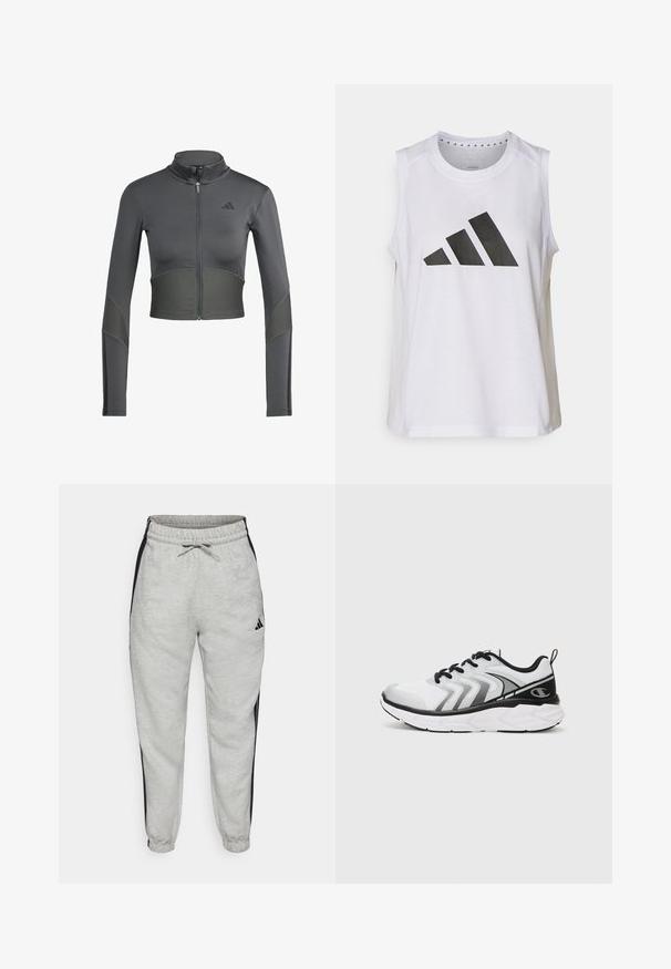 Grey athletic zip-up jacket with long sleeves, featuring ribbed texture on the waist and sleeves, and a logo on the left side of the chest.; White sleeveless athletic top with round neckline, featuring a large black Adidas logo composed of three stripes on the front.; Light gray sweatpants with black side stripes, elastic waistband, and drawstring. Made of soft fabric with ribbed cuffs at the ankles.; Champion Training shoe - white/silver-coloured