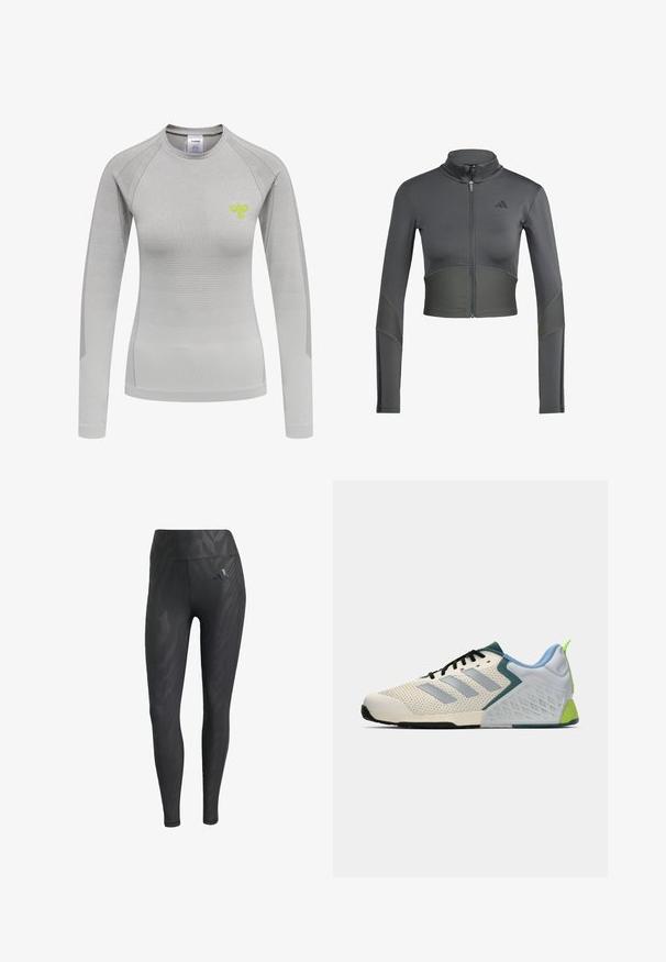 Graue sportliche Zip-Jacke mit langen Ärmeln, die über eine gerippte Textur an der Taille und an den Ärmeln verfügt, sowie einem Logo auf der linken Brustseite.; Helles graues Langarmshirt mit taillierter Passform, strukturiertem Stoff und kleinem grünen Bienenlogo auf der Brust.; Schwarze Leggings mit einem tonalen Zebra-Muster, hoher Taille, glatter Textur und einem Adidas-Logo auf der linken Hüfte. Aus dehnbarem Material hergestellt.; Leichte Sportschuhe mit einem cremefarbenen Mesh-Obermaterial, grauen Streifen, einer grünen Akzentfarbe und einer strukturierten blauen Fersenkappe. Schwarze Schnürsenkel.