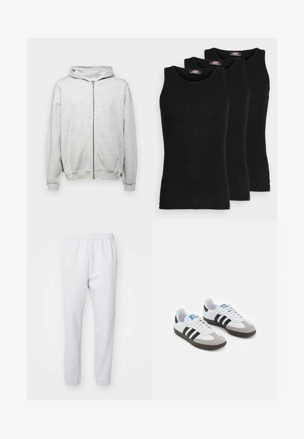 Svetlo siva zip-up kapuca izdelana iz mehkega materiala. Ima kapuco, dve sprednji žep in rebraste manšete za udobno prileganje.; Črne majice brez rokavov v paketu treh. Rebrasta struktura, standardni okrogel izrez, brez rokavov. Rob ima majhen logotip blagovne znamke na dnu.; Svetlo sivi trenirke narejene iz mešanice mehkega bombaža, z elastičnim pasom in prilegajočimi se manšetami pri gležnjih. Brez vidnih vzorcev ali logotipov.; Športni čevlji z belim usnjenim zgornjim delom, sivim semišem na prstih in tremi črnimi črtami. Imajo modro logo na jeziku in teksturiran gumijast podplat.