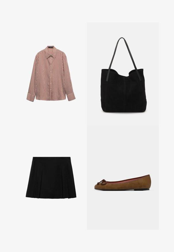 Donkergrijze V-hals cardigan met lange mouwen, knoopsluiting, twee voorzakken en geribde manchetten en zoom.; Lange mouwen overhemd met een rood en wit verticale streep patroon, gemaakt van lichtgewicht stof, met een klassieke kraag en manchetten.; Zwarte geplooide mini-rok van een gladde, gestructureerde stof met een discreet opening met rits aan de zijkant. Heeft gelijkmatig verdeelde verticale plooien.; Bruine suède ballerina met een ronde neus, voorzien van een geknoopte detail aan de voorkant, dunne rode bies en een platte zwarte zool.; Zwarte suede tote bag met twee lange, platte leren handvatten. Heeft een gebogen bovenrand en zichtbare stiksels aan de voorkant. Geen hardware-accenten.