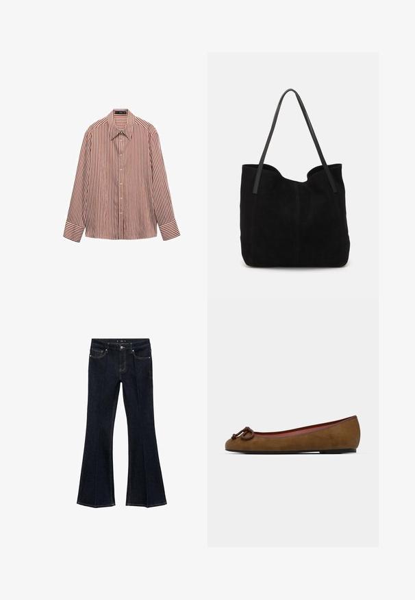 Mørkegrå V-hals cardigan med lange ærmer, knaplukning, to frontlommer samt ribbede manchetter og kant.; Langærmet skjorte med knaplukning i et rødt og hvidt vertikalt stribemønster, lavet af letvægtsstof, med en klassisk krave og manchetter.; Mørkeblå denim jeans med høj talje, forlommer og brede, flagrende ben, udstillet fladt på en hvid baggrund.; Brune ruskinds ballerina med afrundet tå, med en knyttet detalje på fronten, tynd rød kant og en flad sort sål.; Sort ruskinds totemed med to lange, flade læderremme. Har en buet topkant og synlige stikninger langs forsiden. Ingen hardware-dekorationer.