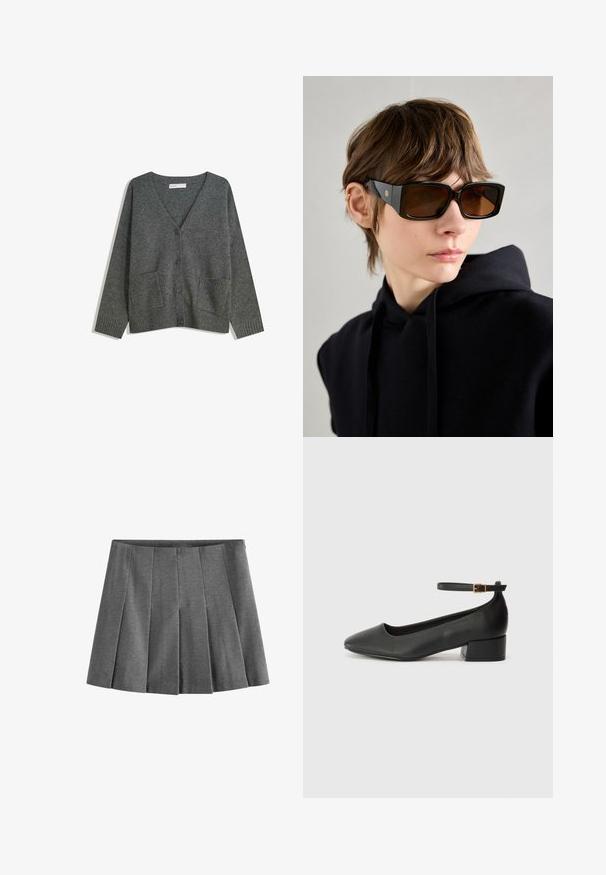 Sötétszürke V-nyakú kardigán hosszú ujjal, gombos záródással, két elülső zsebbel, bordázott mandzsettával és aljjal.; Két hosszú ujjú felső, az egyik fekete, a másik fehér, mindkettő négyzet alakú nyakkivágással rendelkezik, és puha, rugalmas anyagból készült.; Szürke, lágy anyagból készült redőzött szoknya, egyenletesen elhelyezett szoros redőkkel és derékpánttal a szoros illeszkedés érdekében.; Fekete bőr magassarkú cipő hegyes orral és alacsony tömb sarkal. Bokapánttal rendelkezik, aranyszínű csattal. Simább textúra.; Fekete, túlméretezett napszemüveg, fényes felülettel, téglalap alakú, barna színű lencsékkel és arany logóval a szárakon.