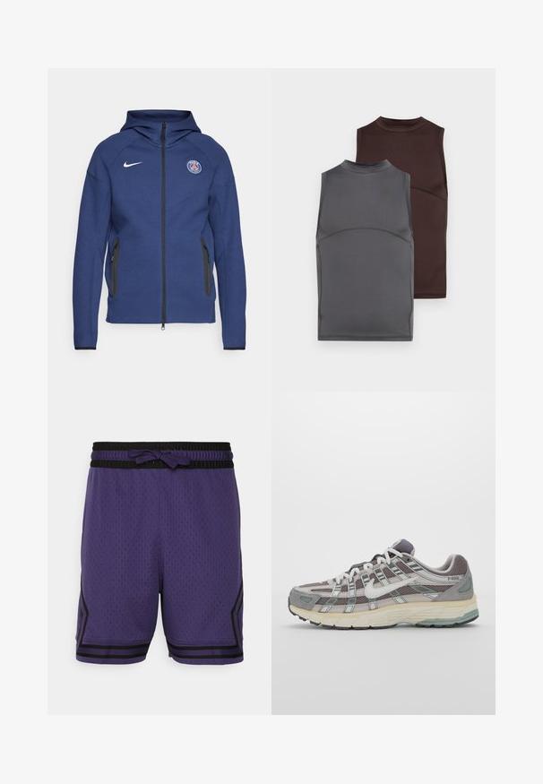 Sweatshirt azul marinho feito de tecido suave, apresentando um fecho completo, bolsos laterais e um patch com logotipo. Tem um design estruturado com capuz.; Duas camisetas sem mangas em cinza escuro e castanho, feitas de um tecido suave. Cada uma possui um decote alto e um design ajustado com detalhes de costura contrastantes.; Jordan DIAMOND SHORT - Calções desportivos - sky purple/black/sail; Sapatilha atlética cinza com parte superior em malha e camurça, detalhes brancos, sola acolchoada e um design distinto com elementos refletivos.