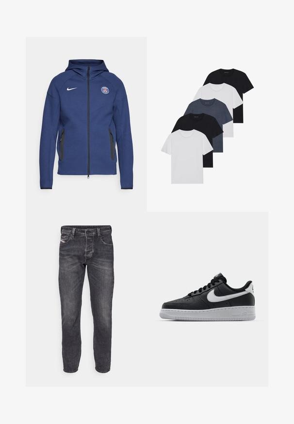 Merineel kapuutsiga pehme kangast dressipluus, millel on täielik tõmblukk, küljetaskud ja logopatch. Sellel on struktureeritud disain koos kapuutsiga.; Viie t-särgi komplekt mustas, valges ja tumesinisest. Puuvillane kangas, lühikesed varrukad, ümar kaelaauk ja ühtlane tekstuur ilma mustriteta.; Meeste tumedashallid teksad sirges lõikes, varustatud nupu ja tõmblukuga kinnitusega, viie taskuga ning kangal on peened pleekimisdetailid.; Must musta sneaker tekstureeritud pinnaga, valge Nike logo, hall tald, ümar varv ja paeltega disain. Omab perforatsioone varbakasti peal.