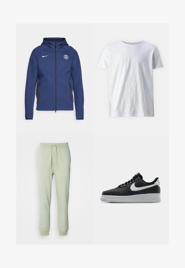 Tamsiai mėlyna džemperis su užtrauktuku, pagamintas iš minkštos medžiagos, su šoniniais kišeniais ir logotipo žyme. Jis turi struktūruotą dizainą su gobtuvu.; Balti trumpas rankovės marškinėliai, pagaminti iš lengvo audinio. Apvalus kaklas su glotniu paviršiumi ir jokiomis matomomis raštais ar akcentais.; HUGO NOMPIO - Treningo apatinė dalis - light/pastel green; Juoda odinė sportinė avalynė su tekstūruota danga, balta Nike swoosh, pilkas padas, apvalus nosis ir raištelių užsegimas. Yra perforacijos ant nosies.