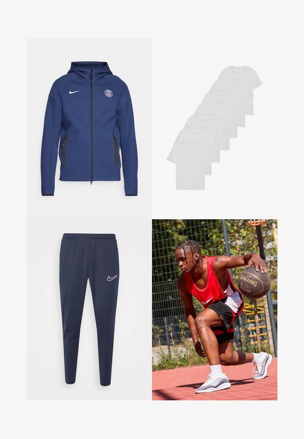 Tummansininen huppari, joka on valmistettu pehmeästä kankaasta ja jossa on täysipitkä vetoketju, sivutaskut ja logopatch. Siinä on rakenteellinen muotoilu huppua varten.; Valkoiset puuvillapaidat, lyhyet hihat, pyöreä kaula-aukko, yksinkertainen pinta, pinottuina riviin, jossa on hienoinen brändäys kaula-aukossa.; Tummansininen urheiluhousut, joissa on joustava vyötärö, kapenevat lahkeet, sileää kangasta ja valkoinen Nike-logo vasemmalla puolella.; Koripalloilija punaisessa Nike-hihattomassa paidassa ja mustissa shortseissa, dribblaamassa Spalding-koripalloa punaisella kentällä. Jalassa valkoiset urheilukengät.