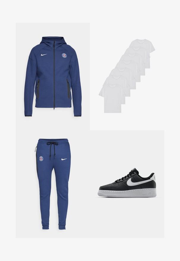 Navy blue hoodie made of soft fabric featuring a full zipper, side pockets, and a logo patch. It has a structured design with a hood.; White cotton T-shirts, short sleeves, crew neck design, plain texture, stacked in a row, with subtle branding at the neckline.; Blue athletic sweatpants with a drawstring waist, side zipper pockets, black accents, and logos: PSG emblem and Nike swoosh.; Black leather sneaker with textured surface, white Nike swoosh, gray sole, round toe, and lace-up design. Features perforations on toe box.