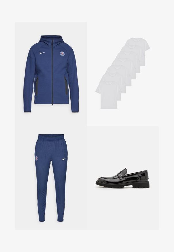 Námořnický modrý mikina s kapucí z měkké tkaniny, která má plný zip, boční kapsy a logo nášivku. Má strukturovaný design s kapucí.; Biele bavlnené trička, krátke rukávy, dizajn s okrúhlym výstrihom, hladká textúra, naskladané v rade, so subtilným brandingom na výstrihu.; Námořnické atletické kalhoty vyrobené z texturované látky s logem Paříže na levém stehně a bílým Nike swoosh na pravém.; Čierne lakované kožené mokasíny s hrubou podrážkou, s ozdobným pásikom na prednej strane a dizajnom na obúvanie. Hladká, lesklá textura.