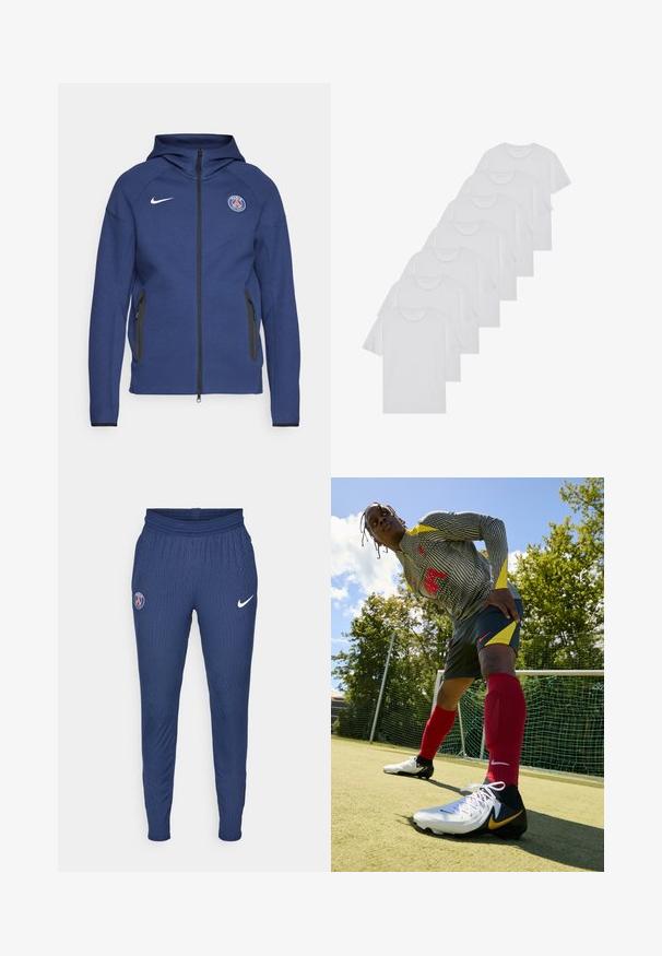 Merineel kapuutsiga pehme kangast dressipluus, millel on täielik tõmblukk, küljetaskud ja logopatch. Sellel on struktureeritud disain koos kapuutsiga.; Valge puuvillane T-särk, lühikeste varrukatega, ümar neel, ühtlane tekstuur, reastatud kuhjale, kaeluses peene brändinguga.; Tumed sportlikud püksid, mis on valmistatud tekstuuriga kangast, esitavad vasakul reiel Pariisi logo ja paremal Nike swooshi valges värvuses.; Nike jalgpallialusriietus mustade ja valgete triipudega, kollaste aktsentidega, koos tumedate lühikeste pükste ja punaste sokkidega. Omab valgeid ja musti tossusid kuldse swooshiga.