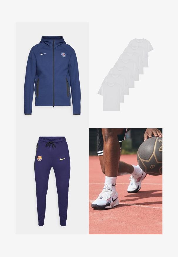 Mørkeblå hettegenser laget av mykt stoff med full glidelås, sidelommer og et logo-patch. Den har et strukturert design med hette.; Hvite bomulls T-skjorter, korte ermer, rund hals-design, enkel tekstur, stablet i en rekke, med subtil merking ved halsen.; Mørkeblå joggebukser med et gullfarget Nike-logo, et brodert FC Barcelona-emblem og svarte sideakenter, med snøring i livet.; Hvite sportsko med svarte og røde detaljer, med en teksturert overdel og et distinkt swoosh-logo, brukt på en banen med en basketball.