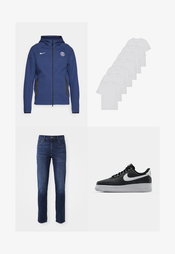 Jūras zila kapuce, kas izgatavota no mīkstas auduma, ar pilnu rāvējslēdzēju, sānu kabatām un logotipa uzšuvi. Tam ir strukturēts dizains ar kapuci.; Baltie kokvilnas T-krekli, īsas piedurknes, apaļas izgriezuma dizains, vienkārša tekstūra, sakrauti rindā, ar smalku zīmolu pie kakla izgriezuma.; Tumši zili džinsi ar taisnu piegriezumu, ar klasisku piecu kabatu dizainu un metāla pogu aizdari. Audumā ir viegli izbalējuši detalējumi.; Melna ādas sporta apavi ar teksturētu virsmu, balta Nike swoosh zīme, pelēks zole, apaļa pirksta daļa un saistējs dizains. Iekļautas perforācijas uz pirksta kastes.