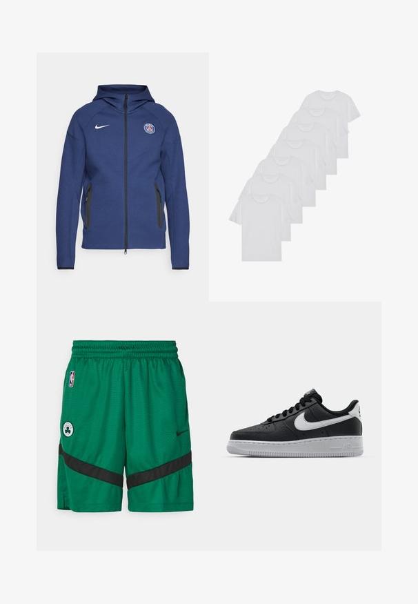 Tummansininen huppari, joka on valmistettu pehmeästä kankaasta ja jossa on täysipitkä vetoketju, sivutaskut ja logopatch. Siinä on rakenteellinen muotoilu huppua varten.; Valkoiset puuvillapaidat, lyhyet hihat, pyöreä kaula-aukko, yksinkertainen pinta, pinottuina riviin, jossa on hienoinen brändäys kaula-aukossa.; Vihreät koripalloshortsit, jotka on valmistettu verkkomateriaalista. Niissä on musta raita, NBA-logo ja Boston Celtics -embleemi vasemmassa jalassa.; Musta nahkakengät, joissa on teksturoitu pinta, valkoinen Nike -logo, harmaa pohja, pyöreä kärki ja nauhakiinnitys. Varustettu rei'illä kärkilaatikossa.