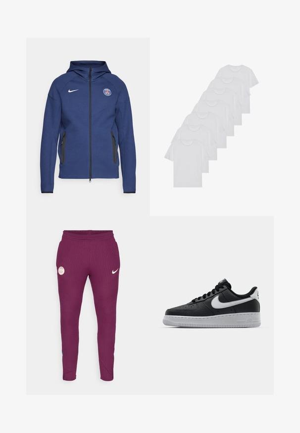 Mørkeblå hettegenser laget av mykt stoff med full glidelås, sidelommer og et logo-patch. Den har et strukturert design med hette.; Hvite bomulls T-skjorter, korte ermer, rund hals-design, enkel tekstur, stablet i en rekke, med subtil merking ved halsen.; Lilla ribbede joggebukser med Nike-logo og Paris-emblem på venstre lår. Elastisk midje og innsnøring ved ankelen.; Svart lær sneakers med teksturert overflate, hvit Nike swoosh, grå såle, rund tå og snøredesign. Har perforeringer på tåboksen.