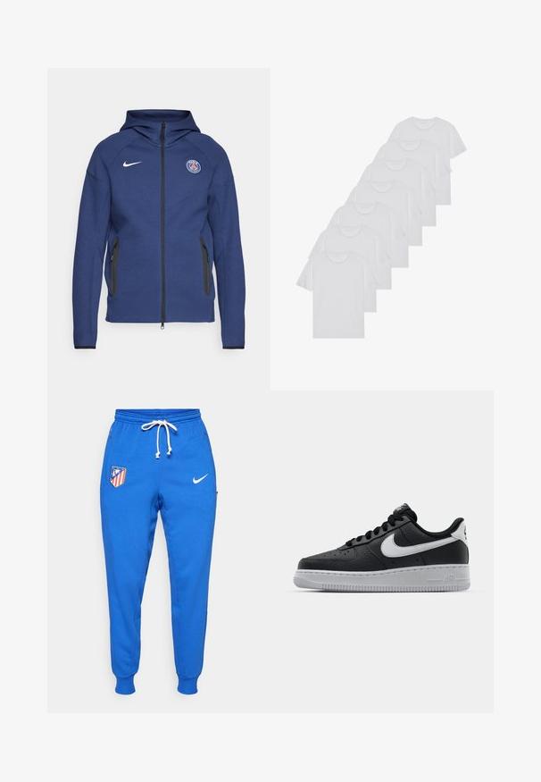 Marinblå hoodie gjord av mjukt tyg med en hel dragkedja, sidofickor och en logotyp patch. Den har en strukturerad design med en huva.; Vita bomull T-shirts, korta ärmar, rundad halsdesign, slät textur, staplade i en rad, med subtil branding vid halsringningen.; Blå mjukisbyxor i mjukt tyg med elastisk midja och dragsko samt sidfickor. Inkluderar lagets logotyp och Nike-swoosh.; Svart lädersneaker med strukturerad yta, vit Nike-swoosh, grå sula, rund tå och snörningsdesign. Har perforeringar på tåboxen.