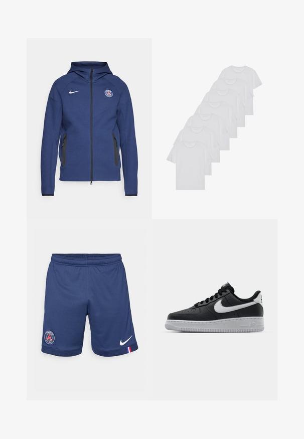 Mornarsko modra kapuca iz mehkega materiala z dolgim zadrgo, stranskimi žepi in logotipom. Ima strukturirano zasnovo s kapuco.; Beli bombažni T-majici, kratki rokavi, krožni izrez, enostavna tekstura, zloženi v vrsto, s subtilnim logotipom na vratu.; Temno modri atletski šorts z elastičnim pasom, ki ima bel Nike logo in emblem Paris Saint-Germain na levi nogi.; Črne usnjene teniske z teksturirano površino, bele Nikejeve zmage, sivo podplato, okroglo konico in vezalno zasnovo. Imajo perforacije na prednjem delu.