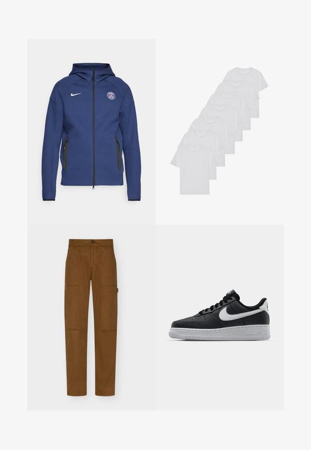 Felpa con cappuccio blu navy in morbido tessuto, dotata di zip a tutta lunghezza, tasche laterali e un'etichetta con logo. Ha un design strutturato con cappuccio.; T-shirt bianchi in cotone, maniche corte, design a collo tondo, texture liscia, impilati in fila, con un sottile marchio all'altezza del collo.; Pantaloni cargo marroni realizzati in tessuto resistente, con gamba dritta, due grandi tasche laterali e chiusura con bottone in vita.; Sneaker in pelle nera con superficie texture, baffo Nike bianco, suola grigia, punta rotonda e design con lacci. Presenta delle perforazioni sulla punta.