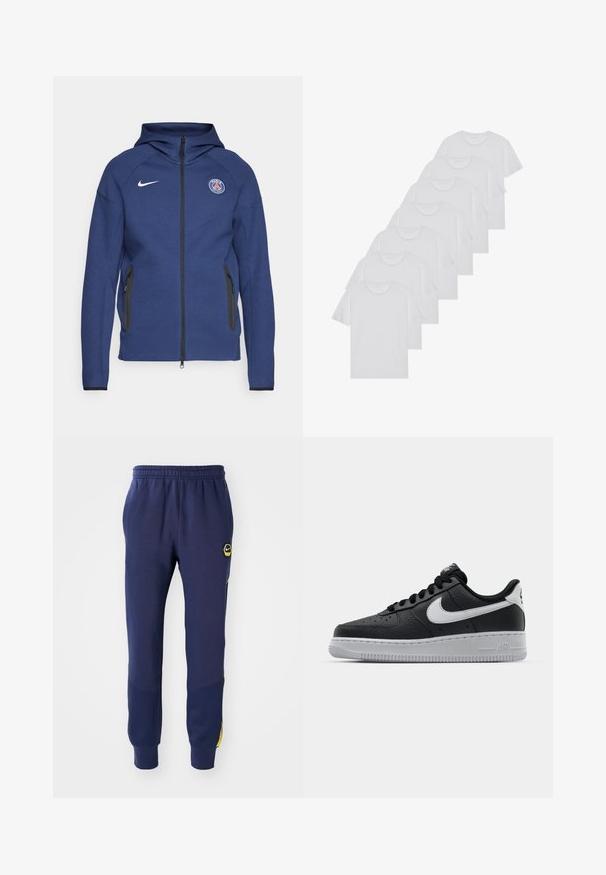 Mørkeblå hettegenser laget av mykt stoff med full glidelås, sidelommer og et logo-patch. Den har et strukturert design med hette.; Hvite bomulls T-skjorter, korte ermer, rund hals-design, enkel tekstur, stablet i en rekke, med subtil merking ved halsen.; Marineblå sweatpants med elastisk linning, sidelommer og sort/gul logo-lap, med texturerede paneldetaljer nær anklerne.; Svart lær sneakers med teksturert overflate, hvit Nike swoosh, grå såle, rund tå og snøredesign. Har perforeringer på tåboksen.