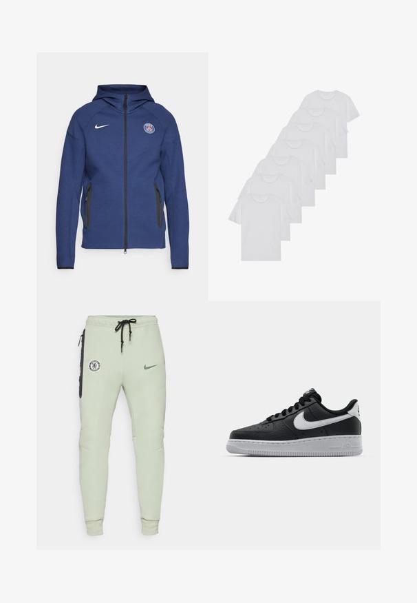 Granatowa bluza z kapturem uszyta z miękkiego materiału, z pełnym zamkiem błyskawicznym, bocznymi kieszeniami oraz naszywką z logo. Posiada strukturalny fason i kaptur.; Białe bawełniane koszulki, krótki rękaw, design z okrągłym dekoltem, gładka faktura, ułożone w rzędzie, z subtelnym logo przy dekolcie.; Jasnozielone spodnie dresowe o dopasowanym kroju, z logo Chelsea FC i swooshem Nike, bocznymi kieszeniami z czarnymi akcentami oraz elastycznymi mankietami.; Czarne skórzane trampki o teksturowanej powierzchni, białe logo Nike, szara podeszwa, okrągły czubek i sznurowany design. Posiada perforacje na nosku.