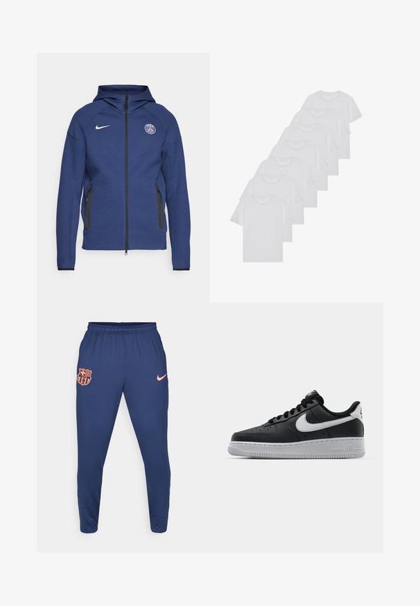 Námořnický modrý svetr z měkké tkaniny s plným zipem, bočními kapsami a nášivkou s logem. Má strukturovaný design s kapucí.; Bílé bavlněné trička s krátkým rukávem, design s kulatým výstřihem, jednobarevná textura, naskládána do řady, s jemným brandingem na výstřihu.; Tmavě modré sportovní kalhoty vyrobené z hladké tkaniny, se znakem FC Barcelona v oranžové barvě a malým oranžovým znakem Nike na oblasti boků.; Černé kožené tenisky s texturovaným povrchem, bílým logem Nike, šedou podrážkou, kulatou špičkou a designem na šněrování. Obsahují perforace na špičce.