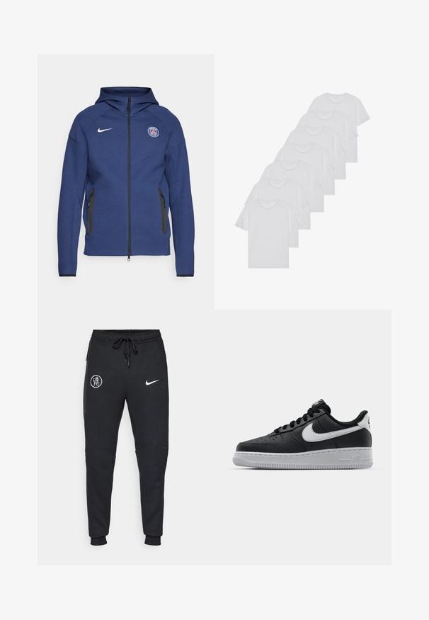 Marineblauwe hoodie van zachte stof met een volledige rits, zijzakken en een logo-label. Het heeft een gestructureerd ontwerp met een capuchon.; Witte katoenen T-shirts, korte mouwen, ronde halsontwerp, eenvoudige textuur, gestapeld in een rij, met subtiele branding bij de hals.; Zwarte sweatpants van zachte stof, met twee zijzakken, geribbelde manchetten en witte logo's van Chelsea FC en Nike.; Zwarte lederen sneaker met een textuur oppervlak, witte Nike swoosh, grijze zool, ronde neus en vetersluiting. Bevat perforaties op de neus.
