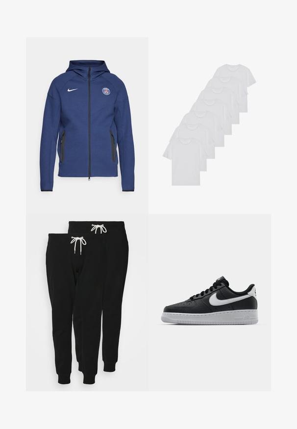 Námořnický modrý svetr z měkké tkaniny s plným zipem, bočními kapsami a nášivkou s logem. Má strukturovaný design s kapucí.; Bílé bavlněné trička s krátkým rukávem, design s kulatým výstřihem, jednobarevná textura, naskládána do řady, s jemným brandingem na výstřihu.; Černé bavlněné tepláky s šňůrkou v pase, zúženými nohavicemi a lemem; zobrazeny dva kusy.; Černé kožené tenisky s texturovaným povrchem, bílým logem Nike, šedou podrážkou, kulatou špičkou a designem na šněrování. Obsahují perforace na špičce.