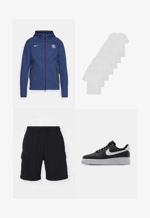 Tummansininen huppari, joka on valmistettu pehmeästä kankaasta ja jossa on täysipitkä vetoketju, sivutaskut ja logopatch. Siinä on rakenteellinen muotoilu huppua varten.; Valkoiset puuvillapaidat, lyhyet hihat, pyöreä kaula-aukko, yksinkertainen pinta, pinottuina riviin, jossa on hienoinen brändäys kaula-aukossa.; Mustapohjaiset cargo-shortsit, joissa on elastinen vyötärö ja nauhakiinnitys. Ominaisuuksia ovat kaksi sivutaskua ja pieni logopatch oikealla puolella.; Musta nahkakengät, joissa on teksturoitu pinta, valkoinen Nike -logo, harmaa pohja, pyöreä kärki ja nauhakiinnitys. Varustettu rei'illä kärkilaatikossa.