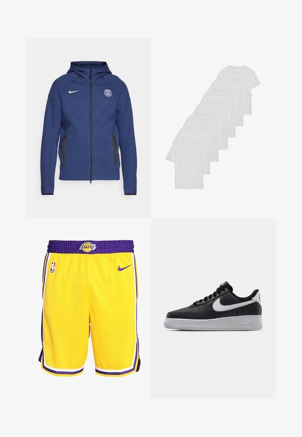 Merineel kapuutsiga pehme kangast dressipluus, millel on täielik tõmblukk, küljetaskud ja logopatch. Sellel on struktureeritud disain koos kapuutsiga.; Valge puuvillane T-särk, lühikeste varrukatega, ümar neel, ühtlane tekstuur, reastatud kuhjale, kaeluses peene brändinguga.; Kollane korvpalli lühikesed püksid lilla aktsentidega, millel on elastne vöökoht, küljetaskud ja Los Angeles Lakersi logo ees.; Must musta sneaker tekstureeritud pinnaga, valge Nike logo, hall tald, ümar varv ja paeltega disain. Omab perforatsioone varbakasti peal.