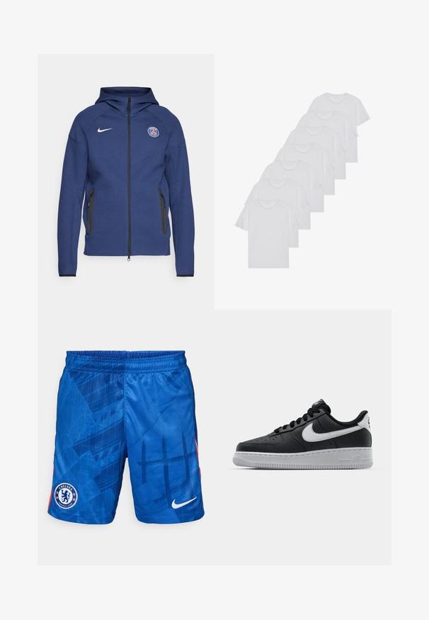 Marineblauwe hoodie van zachte stof met een volledige rits, zijzakken en een logo-label. Het heeft een gestructureerd ontwerp met een capuchon.; Witte katoenen T-shirts, korte mouwen, ronde halsontwerp, eenvoudige textuur, gestapeld in een rij, met subtiele branding bij de hals.; Blauwe voetbalshorts van lichtgewicht stof. Voorzien van een geometrisch patroon, elastische tailleband en het Chelsea FC-logo op het linkerbeen.; Zwarte lederen sneaker met een textuur oppervlak, witte Nike swoosh, grijze zool, ronde neus en vetersluiting. Bevat perforaties op de neus.