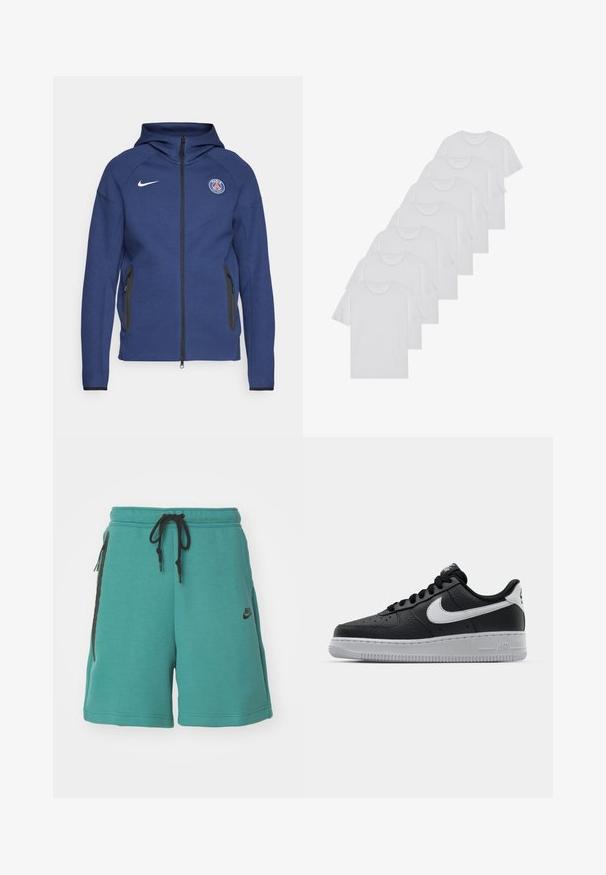 Merineel kapuutsiga pehme kangast dressipluus, millel on täielik tõmblukk, küljetaskud ja logopatch. Sellel on struktureeritud disain koos kapuutsiga.; Valge puuvillane T-särk, lühikeste varrukatega, ümar neel, ühtlane tekstuur, reastatud kuhjale, kaeluses peene brändinguga.; Nike Sportswear SPORTSWEAR TECH FLEECE - Dresside alumine osa - bicoastal black; Must musta sneaker tekstureeritud pinnaga, valge Nike logo, hall tald, ümar varv ja paeltega disain. Omab perforatsioone varbakasti peal.