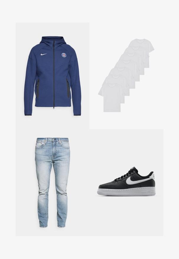 Sweatshirt azul marinho feito de tecido suave, apresentando um fecho completo, bolsos laterais e um patch com logotipo. Tem um design estruturado com capuz.; T-shirts brancos de algodão, mangas curtas, design de gola redonda, com textura lisa, empilhados em fila, com uma marcação subtil na gola.; Levi's® Calças de ganga de corte afunilado - light indigo; Sapatilha de pele preta com superfície texturizada, swoosh branco da Nike, sola cinza, bico redondo e design com atacadores. Apresenta perfurações na caixa dos dedos.