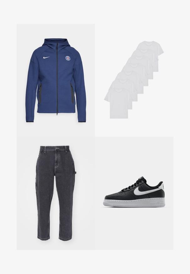 Hoodie bleu marine en tissu doux doté d'une fermeture éclair complète, de poches latérales et d'un patch logo. Il présente un design structuré avec une capuche.; T-shirts en coton blanc, à manches courtes, design col rond, texture uniforme, empilés en rangée, avec un logo subtil au niveau de l'encolure.; Pantalons cargo en denim gris foncé avec une coupe droite, dotés de poches latérales et de coutures contrastées.; Baskets en cuir noir avec surface texturée, swoosh Nike blanc, semelle grise, bout rond et design à lacets. Comprend des perforations sur la boîte à orteils.