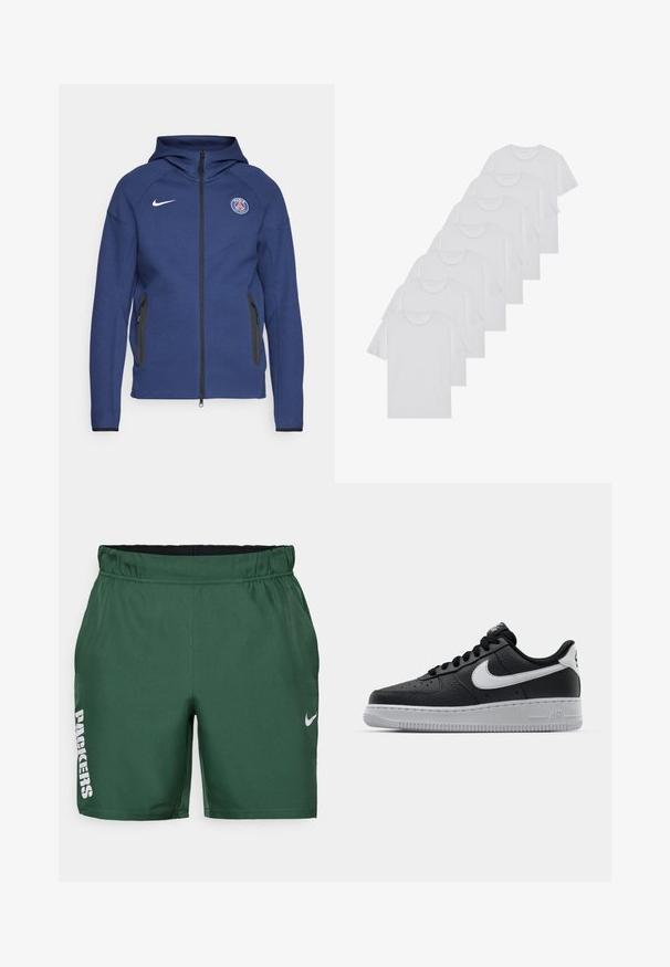 Hanorac bleumarin dintr-un material moale, cu fermoar pe întreaga lungime, buzunare laterale și o etichetă cu logo. Are un design structurat și glugă.; Tricouri din bumbac albe, cu mâneci scurte, design cu guler rotund, textură simplă, așezate într-un rând, cu o marcă subtilă la guler.; Șorturi atletice verzi, fabricate dintr-un material neted. Prezintă o talie elastică, logo-ul imprimat "PACKERS" în alb și swoosh-ul Nike în gri.; Sneaker din piele neagră, cu o suprafață texturată, swoosh alb de la Nike, talpă gri, bot rotund și sistem de șireturi. Prezintă perforații în zona vârfului.