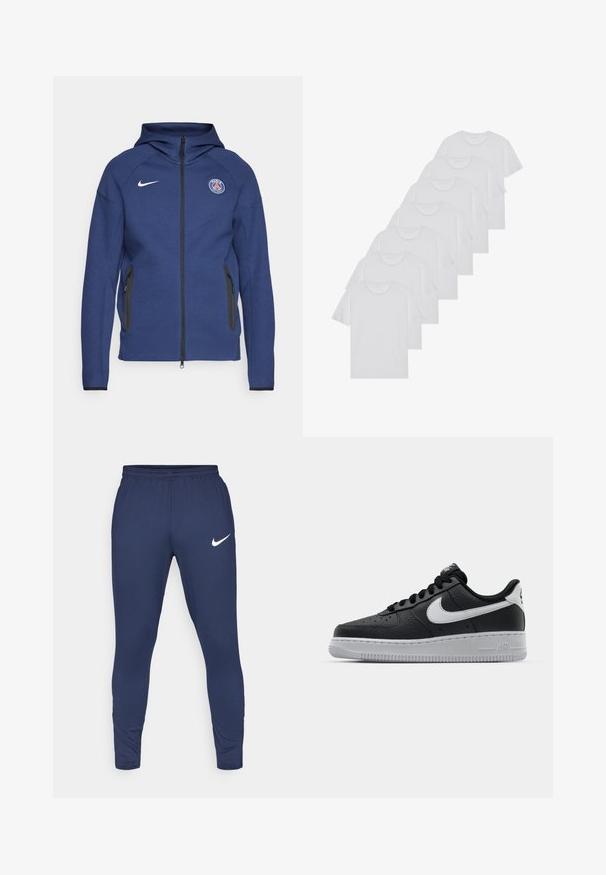 Námořnický modrý mikina s kapucí z měkké tkaniny, která má plný zip, boční kapsy a logo nášivku. Má strukturovaný design s kapucí.; Biele bavlnené trička, krátke rukávy, dizajn s okrúhlym výstrihom, hladká textúra, naskladané v rade, so subtilným brandingom na výstrihu.; Nike Performance STRIKE PANT - Tepláky - obsidian/white; Čierne kožené tenisky s textúrovaným povrchom, biely Nike swoosh, šedá podrážka, okrúle špičky a šnurovací dizajn. Obsahuje perforácie na špičke.