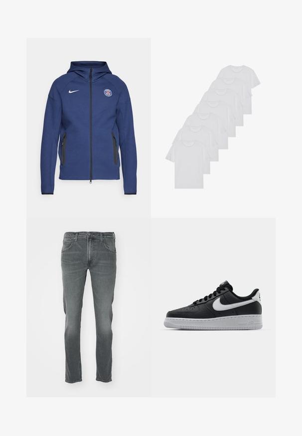 Felpa con cappuccio blu navy in morbido tessuto, dotata di zip a tutta lunghezza, tasche laterali e un'etichetta con logo. Ha un design strutturato con cappuccio.; T-shirt bianchi in cotone, maniche corte, design a collo tondo, texture liscia, impilati in fila, con un sottile marchio all'altezza del collo.; Jeans in denim grigio con taglio dritto, dotati di chiusura con bottone, cinque tasche e leggere sfumature sulla parte frontale.; Sneaker in pelle nera con superficie texture, baffo Nike bianco, suola grigia, punta rotonda e design con lacci. Presenta delle perforazioni sulla punta.