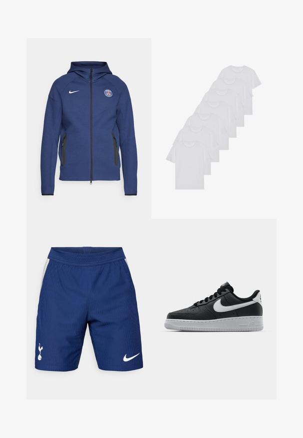Marineblauwe hoodie van zachte stof met een volledige rits, zijzakken en een logo-label. Het heeft een gestructureerd ontwerp met een capuchon.; Witte katoenen T-shirts, korte mouwen, ronde halsontwerp, eenvoudige textuur, gestapeld in een rij, met subtiele branding bij de hals.; Blauwe sportshorts met verticale ribbelstructuur, elastische tailleband en wit Nike-logo op het rechterbeen. Voorzien van zijpanelen van mesh.; Zwarte lederen sneaker met een textuur oppervlak, witte Nike swoosh, grijze zool, ronde neus en vetersluiting. Bevat perforaties op de neus.
