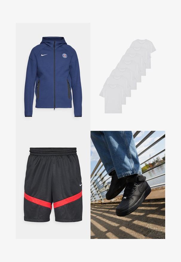 Sweatshirt azul marinho feito de tecido suave, apresentando um fecho completo, bolsos laterais e um patch com logotipo. Tem um design estruturado com capuz.; T-shirts brancos de algodão, mangas curtas, design de gola redonda, com textura lisa, empilhados em fila, com uma marcação subtil na gola.; Nike Performance ICON SHORT - Calções desportivos - black/university red/white; Sapatilhas Nike Air Force 1 pretas com parte superior em pele, língua em malha e sola em borracha, apresentando um design de cano alto e atacadores grossos.