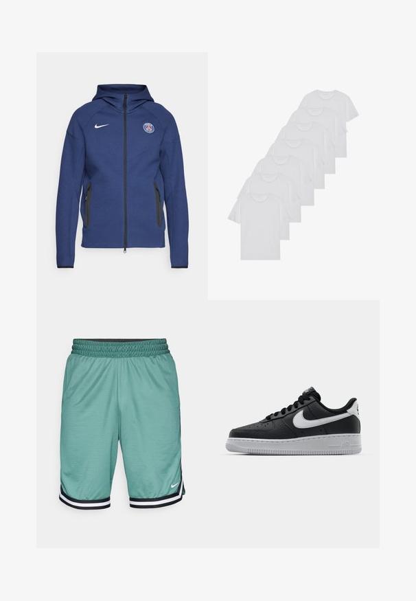 Sweatshirt azul marinho feito de tecido suave, apresentando um fecho completo, bolsos laterais e um patch com logotipo. Tem um design estruturado com capuz.; T-shirts brancos de algodão, mangas curtas, design de gola redonda, com textura lisa, empilhados em fila, com uma marcação subtil na gola.; Bermudas atléticas em malha verde com um cós elástico preto, apresentando detalhes listrados em branco e preto na barra e um pequeno logotipo.; Sapatilha de pele preta com superfície texturizada, swoosh branco da Nike, sola cinza, bico redondo e design com atacadores. Apresenta perfurações na caixa dos dedos.