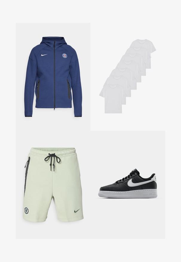 Marineblaue Kapuzenjacke aus weichem Stoff mit durchgehendem Reißverschluss, Seitentaschen und einem Logo-Patch. Sie hat ein strukturiertes Design mit einer Kapuze.; Weiße Baumwoll-T-Shirts, kurze Ärmel, Rundhals-Design, schlichte Textur, in einer Reihe gestapelt, mit dezentem Branding am Hals.; Hellgrüne Sweatshorts mit schwarzen Akzenten, Kordelzugbund, Seitentaschen und gesticktem Chelsea FC-Logo. Hergestellt aus weichem Stoff.; Schwarze Ledersneaker mit strukturierten Oberflächen, weißem Nike-Swoosh, grauer Sohle, runder Zehenpartie und Schnürdesign. Verfügt über Perforationen an der Zehenbox.