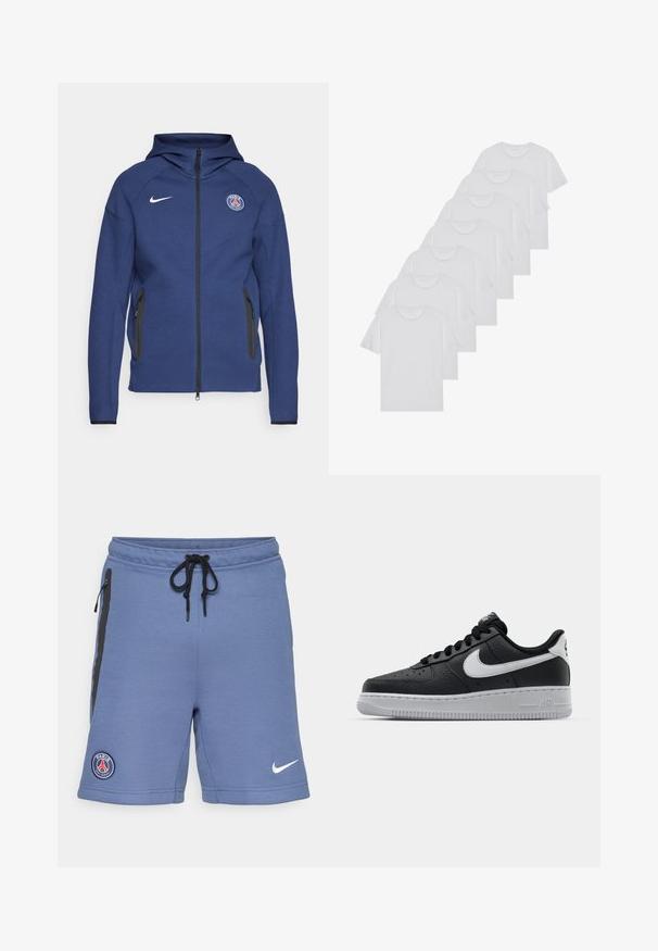 Navy blue hoodie made of soft fabric featuring a full zipper, side pockets, and a logo patch. It has a structured design with a hood.; White cotton T-shirts, short sleeves, crew neck design, plain texture, stacked in a row, with subtle branding at the neckline.; Blue athletic shorts made of soft fabric, featuring black side zippers, a drawstring waist, and a Paris Saint-Germain logo on the left side.; Black leather sneaker with textured surface, white Nike swoosh, gray sole, round toe, and lace-up design. Features perforations on toe box.